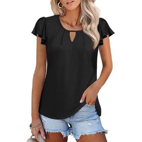 IHOT Womens Summer Tops Ruffle Short Sleeve Casual Round Neck T Shirts Front Pleated Basic Tees Blouses