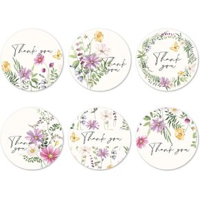 AnyDesign 500Pcs Wildfloral Thank You Stickers 6 Designs Watercolor Wildflower Decorative Decals Self-Adhesive Round Stickers for Spring Party Gift Greeting Card Supplies, 2 Inch