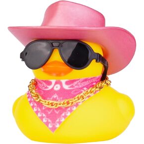 Duck Car Ornament for Dashboard with Mini Cowboy Hat, Scarf Necklace, and Sunglasses (Pink)
