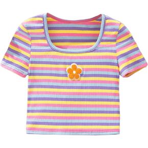 Verdusa Girl's Striped Summer Tops Applique Short Sleeve Square Neck T Shirts