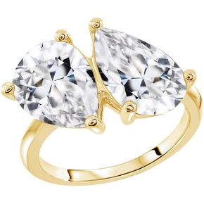 Pear Cut Toi et Moi Ring | 14K Gold Plated 925 Sterling Silver Celebrity Cocktail Ring | 100 Facet Cubic Zirconia CZ Diamond Simulant