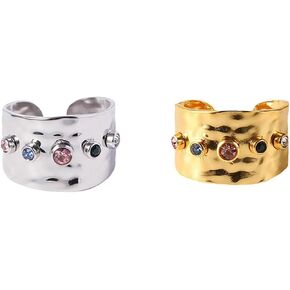 18k Gold Plated Wide Jewelry Ring,Zirconia Stainless Steel Adjustable Rings for Women,Fashion Jewelry Gift (Gold+Steel)