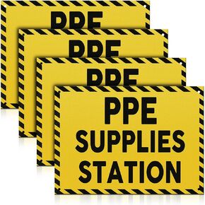 4 Pcs PPE Supplies Station Sign 10" x 7" Plastic Sign Safety Signs for Workplace with Mounting Holes Indoor Outdoor Construction PPE Sign, Yellow with Black Prints