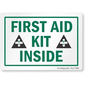 SmartSign (Pack of 4) 5 x7 inch “First Aid Kit Inside" Sticker Labels with Symbols, 5 mil Laminated Polyester with SuperStick Adhesive, Green, Black and White, Made in USA