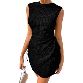 Acelitt Womens Summer Crewneck Sleeveless Cut Out Drawsting Ruched Mini Wedding Guest Dress