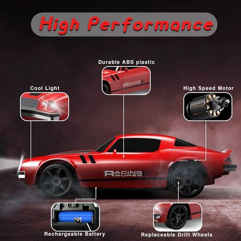 RC Drift Car، 1/24 سيارة تحكم عن بعد 4WD RC سيارات للأطفال، 2.4 جيجا هرتز هواية سباق السيارات ألعاب الانجراف RC سيارة مع ضوء LED بطارية قابلة للشحن وإطارات الانجراف لعبة سيارات هدايا للأولاد باللون الأسود in Kuwait