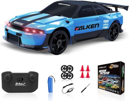 RC Drift Car, 1/24 Remote Control Car 4WD RC Cars for Kids, 2.4GHz Hobby Racing Car Toys Drifting RC Car with LED Light Rechargeable Battery and Drift Tires Toy Cars for Boys Black in Kuwait