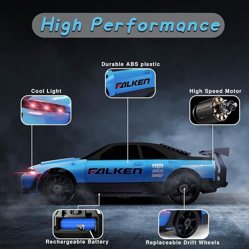 RC Drift Car, 1/24 Remote Control Car 4WD RC Cars for Kids, 2.4GHz Hobby Racing Car Toys Drifting RC Car with LED Light Rechargeable Battery and Drift Tires Toy Cars for Boys Black in Kuwait