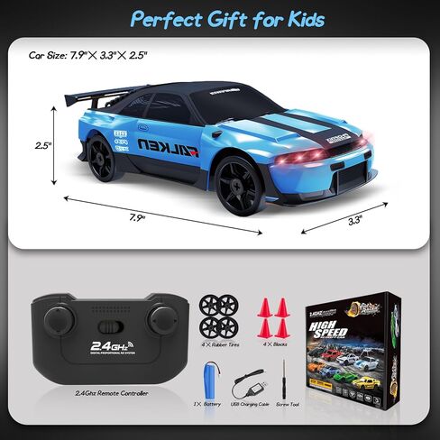 RC Drift Car, 1/24 Remote Control Car 4WD RC Cars for Kids, 2.4GHz Hobby Racing Car Toys Drifting RC Car with LED Light Rechargeable Battery and Drift Tires Toy Cars for Boys Black in Kuwait
