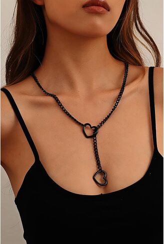 Heart O-ring Slip Chain Necklace For Women Punk Rock Stainless Steel Cuban Long Handmade Necklace Jewelry Gifts Adjustable Lariat Y-Necklace Heart Locker With Key in Saudi Arabia