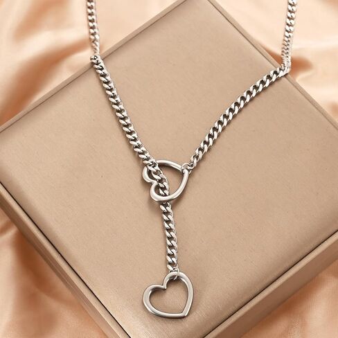 Heart O-ring Slip Chain Necklace For Women Punk Rock Stainless Steel Cuban Long Handmade Necklace Jewelry Gifts Adjustable Lariat Y-Necklace Heart Locker With Key in Saudi Arabia