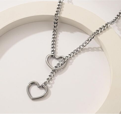 Heart O-ring Slip Chain Necklace For Women Punk Rock Stainless Steel Cuban Long Handmade Necklace Jewelry Gifts Adjustable Lariat Y-Necklace Heart Locker With Key in Saudi Arabia