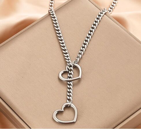 Heart O-ring Slip Chain Necklace For Women Punk Rock Stainless Steel Cuban Long Handmade Necklace Jewelry Gifts Adjustable Lariat Y-Necklace Heart Locker With Key in Saudi Arabia
