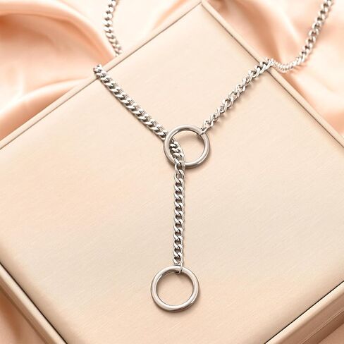 Heart O-ring Slip Chain Necklace For Women Punk Rock Stainless Steel Cuban Long Handmade Necklace Jewelry Gifts Adjustable Lariat Y-Necklace Heart Locker With Key in Saudi Arabia