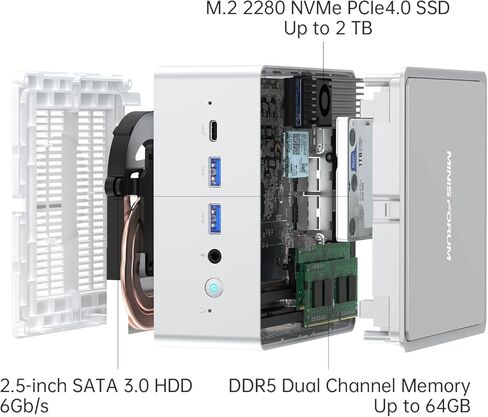 جهاز كمبيوتر صغير MINISFORUM NPB7، ذاكرة وصول عشوائي 32 جيجابايت، 1 تيرابايت SSD، مع معالج Intel Core i7-13700H، 14 نواة و20 خيط، 2 × منافذ HDMI و2X منفذ USB4 (8K@60 هرتز)، 1 × USB من النوع C، 4 × USB من النوع A، 2 × 2.5 جيجا RJ45 لان in Kuwait