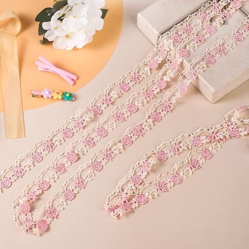 شريط دانتيل على شكل زهرة وردية بطول 4 ياردات، دانتيل خياطة مطرز، لتزيين زينة الزفاف، الحرف اليدوية اليدوية، الملابس، بعرض 0.98 بوصة in Kuwait