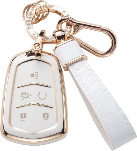 غطاء مفتاح فوب لسيارة كاديلاك إسكاليد XT5 CT6 CTS SRX ATS 5 أزرار ناعمة من مادة TPU أغطية كاملة حامية لمفاتيح السيارة وسلسلة مفاتيح، أبيض in Saudi Arabia