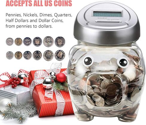 Piggy Digital Coin Bank, Automatic Coin Counter Totals All U.S. Coins, Clear Money Saving Jar with LCD Display, Silver in Saudi Arabia