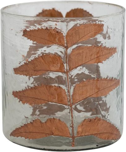Creative Co-Op 6" Round x 6-1/2"H Glass Candle Holder w/Embedded Natural Neem Leaves, Copper Finish in Saudi Arabia