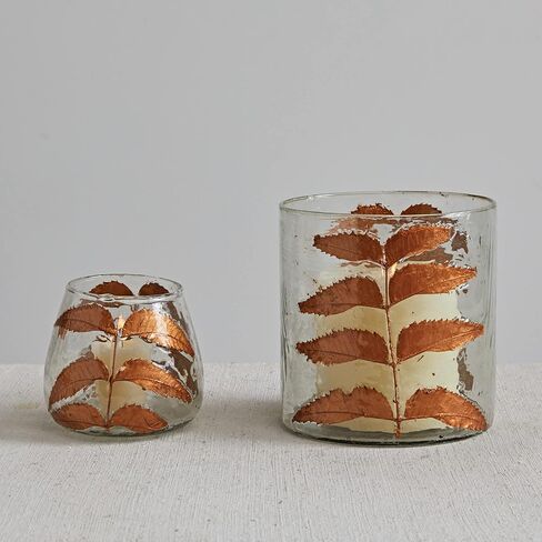 Creative Co-Op 6" Round x 6-1/2"H Glass Candle Holder w/Embedded Natural Neem Leaves, Copper Finish in Saudi Arabia