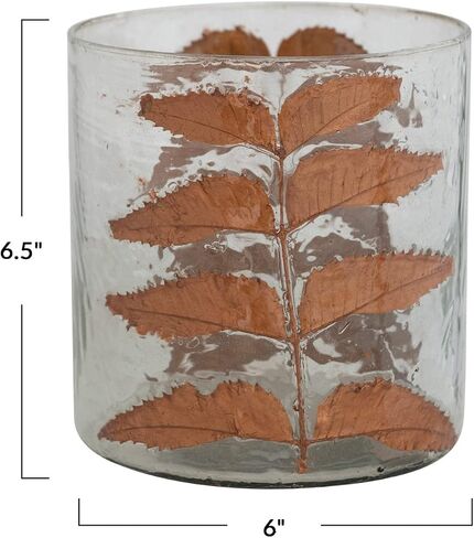 Creative Co-Op 6" Round x 6-1/2"H Glass Candle Holder w/Embedded Natural Neem Leaves, Copper Finish in Saudi Arabia