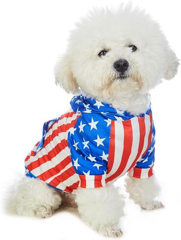 ملابس الحيوانات الأليفة بغطاء للرأس للكلاب الصغيرة من الرابع من يوليو، قمصان بعلم الولايات المتحدة الأمريكية للجرو، ملابس بعلم أمريكي، تي شيرت صيفي (S) in Kuwait