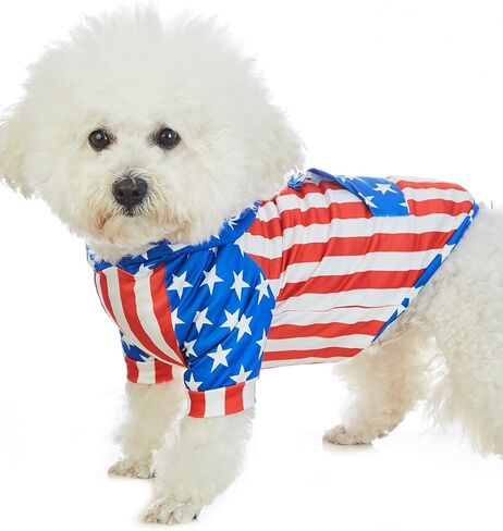 ملابس الحيوانات الأليفة بغطاء للرأس للكلاب الصغيرة من الرابع من يوليو، قمصان بعلم الولايات المتحدة الأمريكية للجرو، ملابس بعلم أمريكي، تي شيرت صيفي (S) in Kuwait