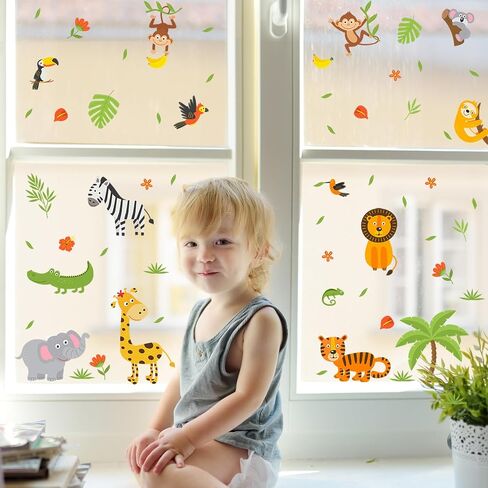 Supzone Cartoon Jungle Animals Window Clings Safari Animals Trees Leaves Flowers Window Decals Stickers for Kids Toddlers Classroom Playroom Window Glass Door Decoration in Saudi Arabia
