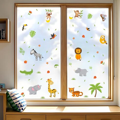Supzone Cartoon Jungle Animals Window Clings Safari Animals Trees Leaves Flowers Window Decals Stickers for Kids Toddlers Classroom Playroom Window Glass Door Decoration in Saudi Arabia