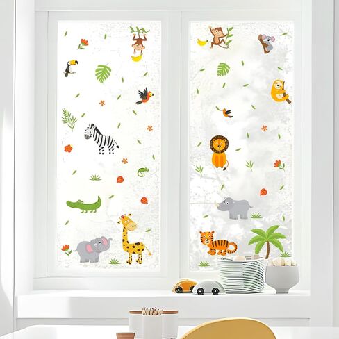 Supzone Cartoon Jungle Animals Window Clings Safari Animals Trees Leaves Flowers Window Decals Stickers for Kids Toddlers Classroom Playroom Window Glass Door Decoration in Saudi Arabia