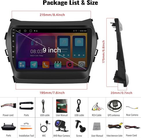 UNITOPSCI 4G+64G for Hyundai Santa Fe IX45 2013-2017 Radio Android Car Stereo Wireless Apple CarPlay Android Auto GPS Navigation 9 Inch Touch Screen FM/RDS Radio USB SWC HiFi WiFi + Backup Camera in Saudi Arabia
