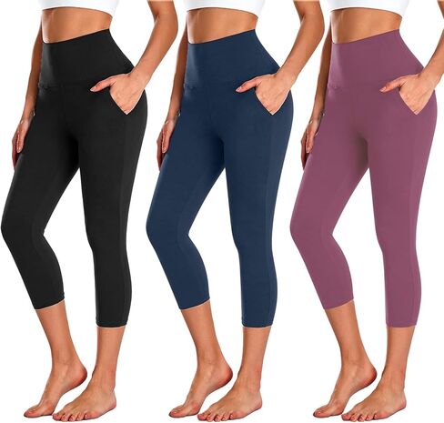 NEW YOUNG 3 Pack Capri Leggings for Women with Pockets-High Waisted Tummy Control Workout Gym Yoga Pants in Saudi Arabia