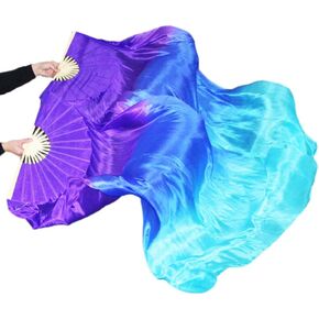 Women 180*90cm Chinese Silk Belly Dance Fan Veil Pairs (Purple blue turquoise)
