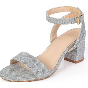 kkdom Glitter Heels for Women - Heels for Daily Wear Wedding Party Dress Strappy Sandals Chunky Pumps Low Heels Open Toe Block Heels for Women