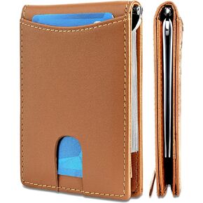 RFID Blocking Slim Bifold Genuine Genuine Leather Minimalist Front Pocket Wallets for Men with Money Clip Thin Gift Mens Wallet (Cognac)