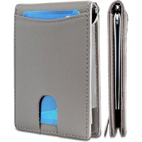 محافظ RFID رفيعة ثنائية الطي من الجلد الأصلي بجيب أمامي بسيط للرجال مع مشبك نقود محفظة رفيعة هدية للرجال (كونياك)