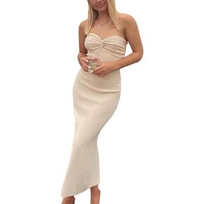 Women Strapless Twist Front Rib-Knit Bodycon Dress Sweetheart Sleeveless Split Sexy Bandeau Tube Maxi Dress in Kuwait