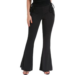 Just Quella Women's High Waist Flared Pants Lace-up Bandage Black Bell Bottom Trousers