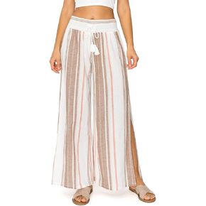 Cali1850 Women's Casual Linen Pants - Smocked Waist Oceanside Lounge Beach Trousers with Pockets