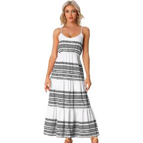 Allegra K Boho Dresses for Women's Spaghetti Strap Tie Waist Cami Tiered Maxi Dress