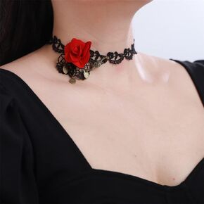 Sither Women Halloween Choker Necklace Red Rose Black Lace Gothic Necklace for Halloween Punk Costume Party Vampire Choker for Gift in Kuwait