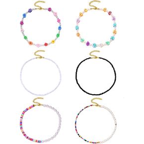 Tornito 6Pcs Heshi Bohemian Bead Pearl Choker Y2k Flower Butterfly Sufer Beach Necklace Colorful Handmade Collar Choker for Women