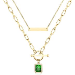 MJartoria Gold Layered Necklaces for Women Trendy Retro Bar Pendant Gold Emerald Necklace Dainty Link Chain Choker Necklaces for Girls Jewelry Birthday Gifts