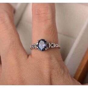 Genuine Women's 925 Sterling Silver Ring Oval Cut Natural Sapphire Blue CZ Crystal Butterfly Ring Engagement Party Band Ring