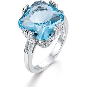 Awmnjtmgpw 925 Sterling Silver Cut Aquamarine Cubic Zircon Blue Topaz Four Claw Engagement Wedding Ring Size 6-10 (Size 6)