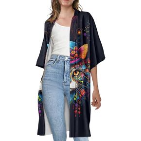 GLUDEAR Women's Van Gogh Oil Painting Printed Open Front Long Cardigan Shirt Kimono Outwear Coat