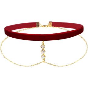 Black Velvet Double-Layer Choker Necklace with White Crystal Embellishments and Gold Chain - Fashion Accessory for Women