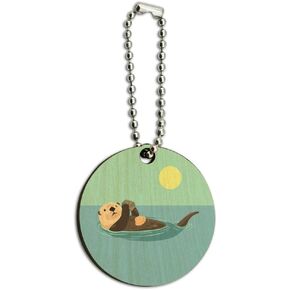 GRAPHICS & MORE Sea Otter Eating Giant Clam Wood Wooden Round Keychain Key Chain Ring