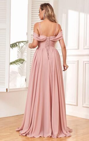 بولينسي فساتين وصيفات العروس بدون اكتاف مع جيوب شيفون مكشكشة بفتحة طويلة فستان سهرة رسمي in Kuwait