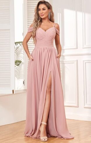 بولينسي فساتين وصيفات العروس بدون اكتاف مع جيوب شيفون مكشكشة بفتحة طويلة فستان سهرة رسمي in Kuwait